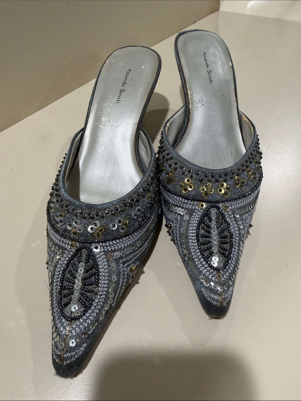 Amanda Smith Silver Gray Beaded Pointed Slip-On Mules